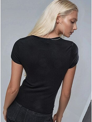 T-shirt in maglia elasticizzata a maniche corte con dettaglio in pietra busem