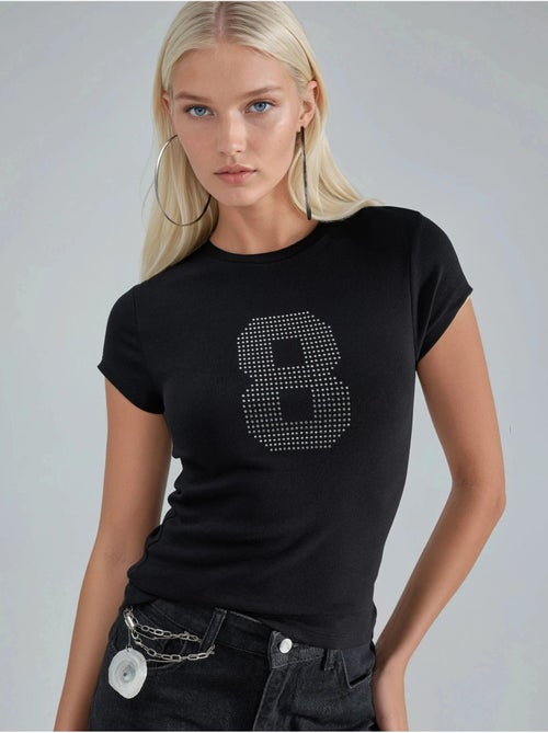 T-shirt in maglia elasticizzata a maniche corte con dettaglio in pietra busem - Kiabi T-shirt in maglia elasticizzata a maniche corte con dettaglio in pietra busem - Kiabi