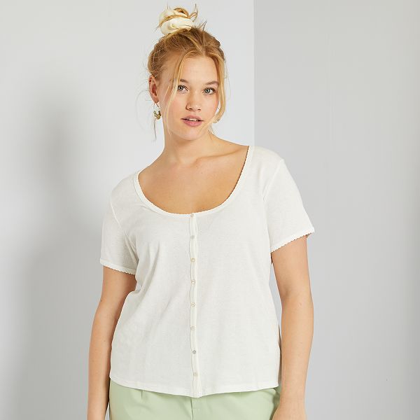 T-shirt in maglia jacquard con bottoni Taglie forti donna - bianco neve -  Kiabi - 9,00€