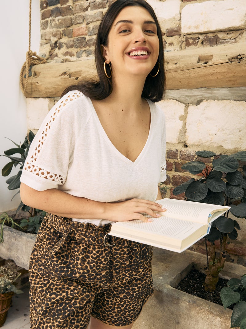 T-shirt in maglia mouliné con dettagli macramé Bianco - Kiabi