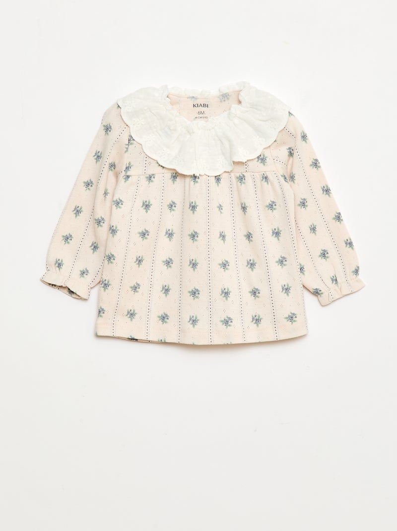 T-shirt in maglia operata con colletto ricamato Rosa - Kiabi