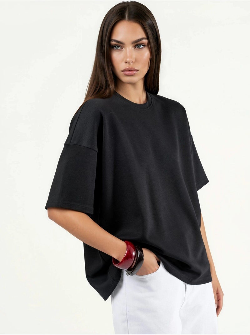 T-shirt in maglia oversize con girocollo effetto modal hiccup Nero - Kiabi