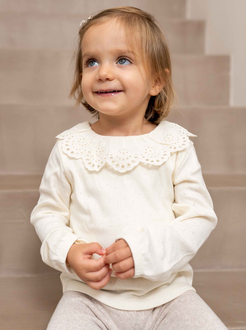 T-shirt in maglia pointelle con colletto claudine ricamato a punto inglese BIANCO - Kiabi