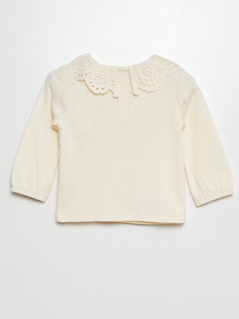T-shirt in maglia pointelle con colletto claudine ricamato a punto inglese BIANCO - Kiabi
