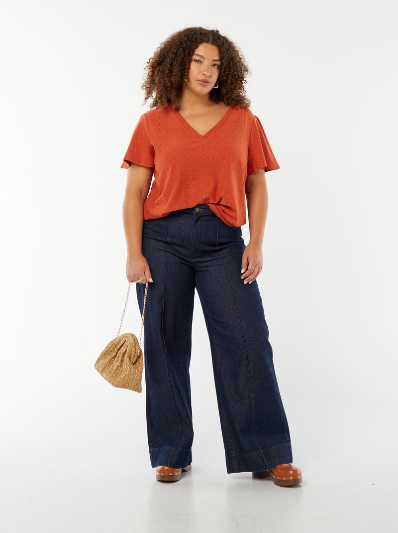 T-shirt in maglia traforata con maniche corte a pipistrello ROSSO - Kiabi