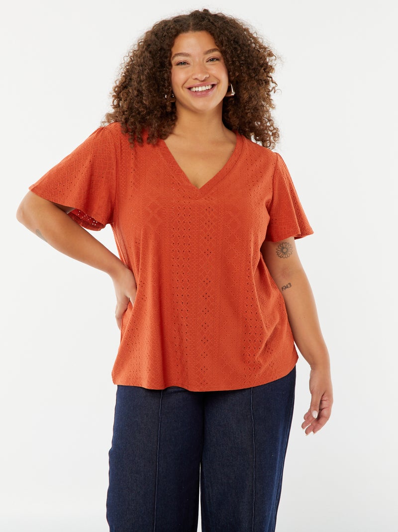 T-shirt in maglia traforata con maniche corte a pipistrello ROSSO - Kiabi