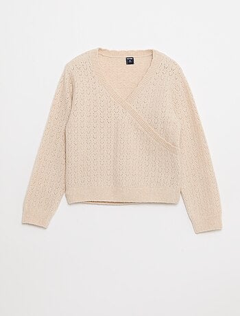 T-shirt in maglia traforata con scollo a cuore