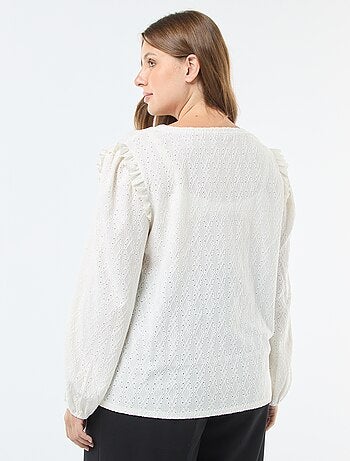 T-shirt in maglia traforata con spalle a volant