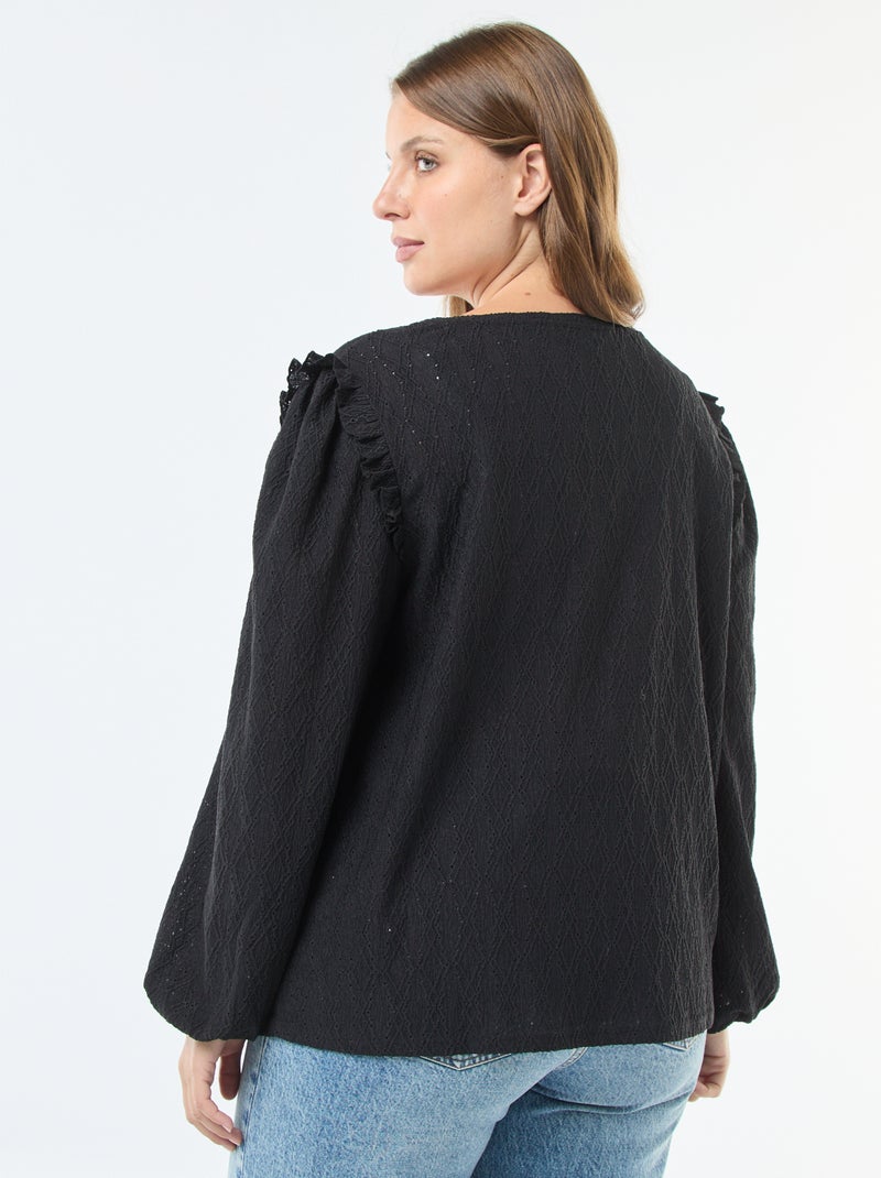 T-shirt in maglia traforata con spalle a volant Nero - Kiabi