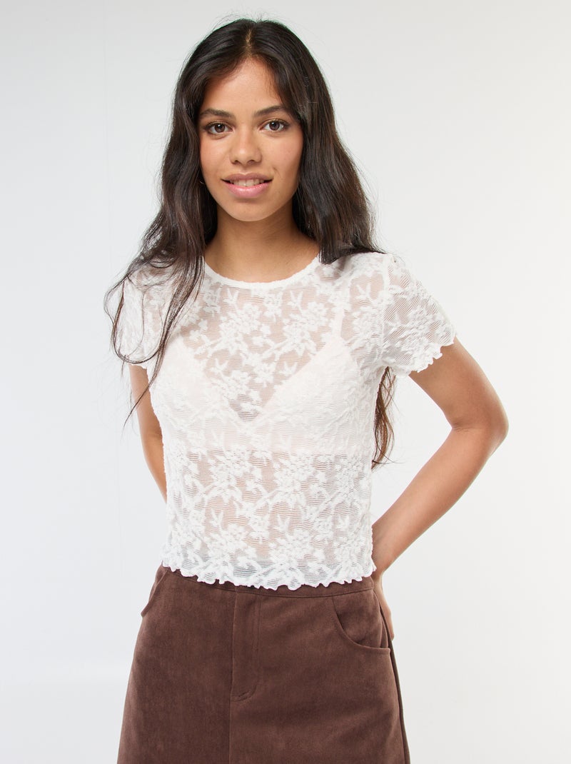 T-shirt in pizzo a maniche corte Bianco - Kiabi