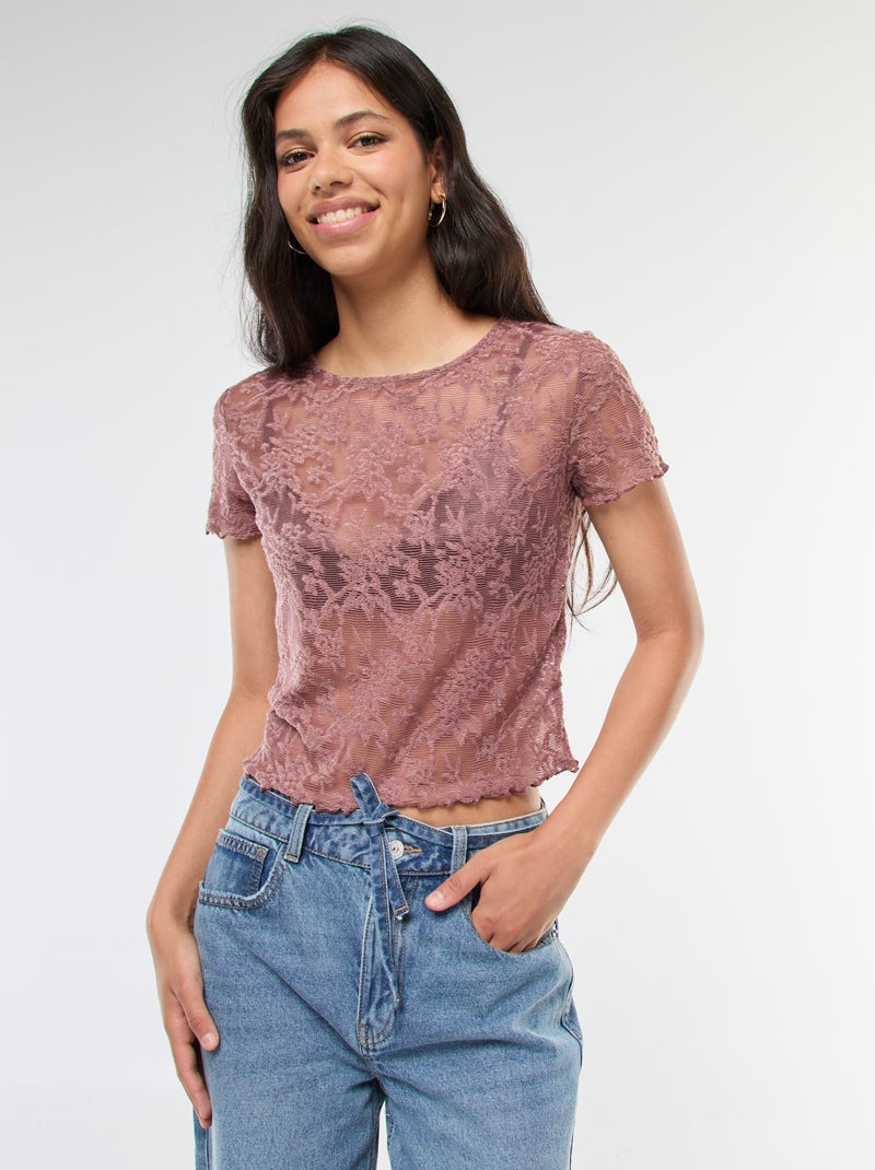 T-shirt in pizzo a maniche corte Marrone - Kiabi