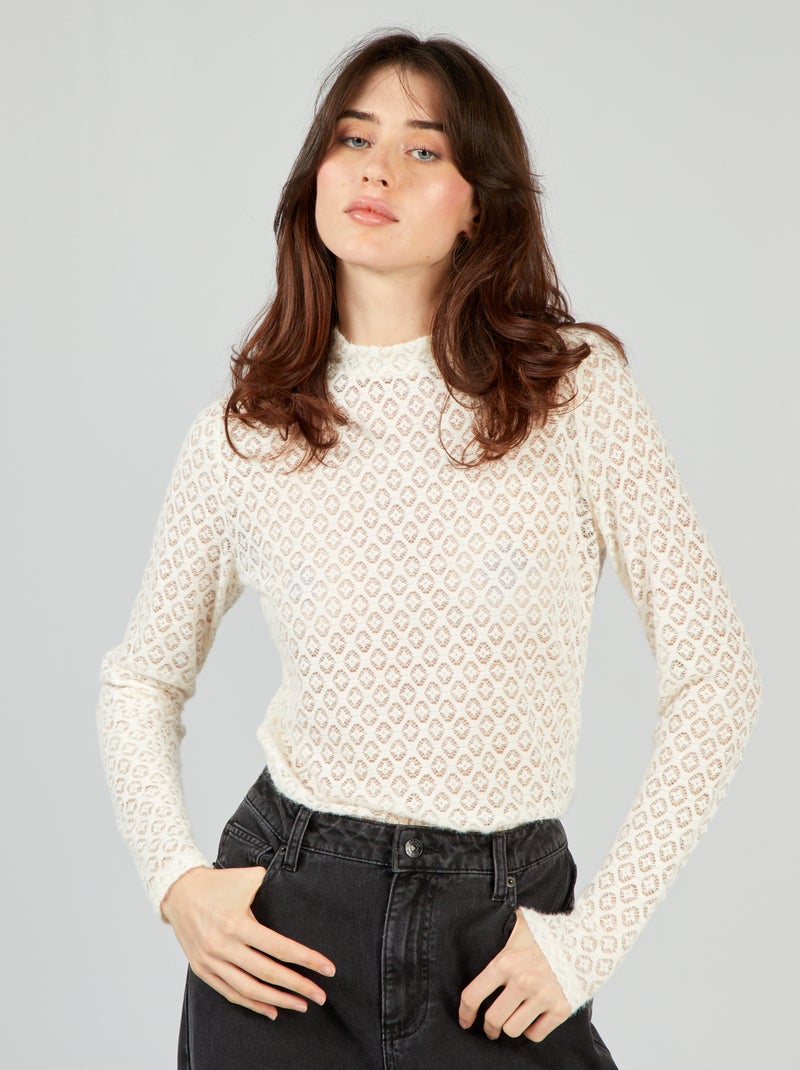 T-shirt in pizzo a maniche lunghe BIANCO - Kiabi