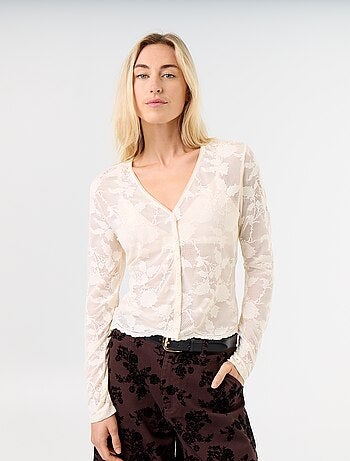 T-shirt in pizzo effetto camicia