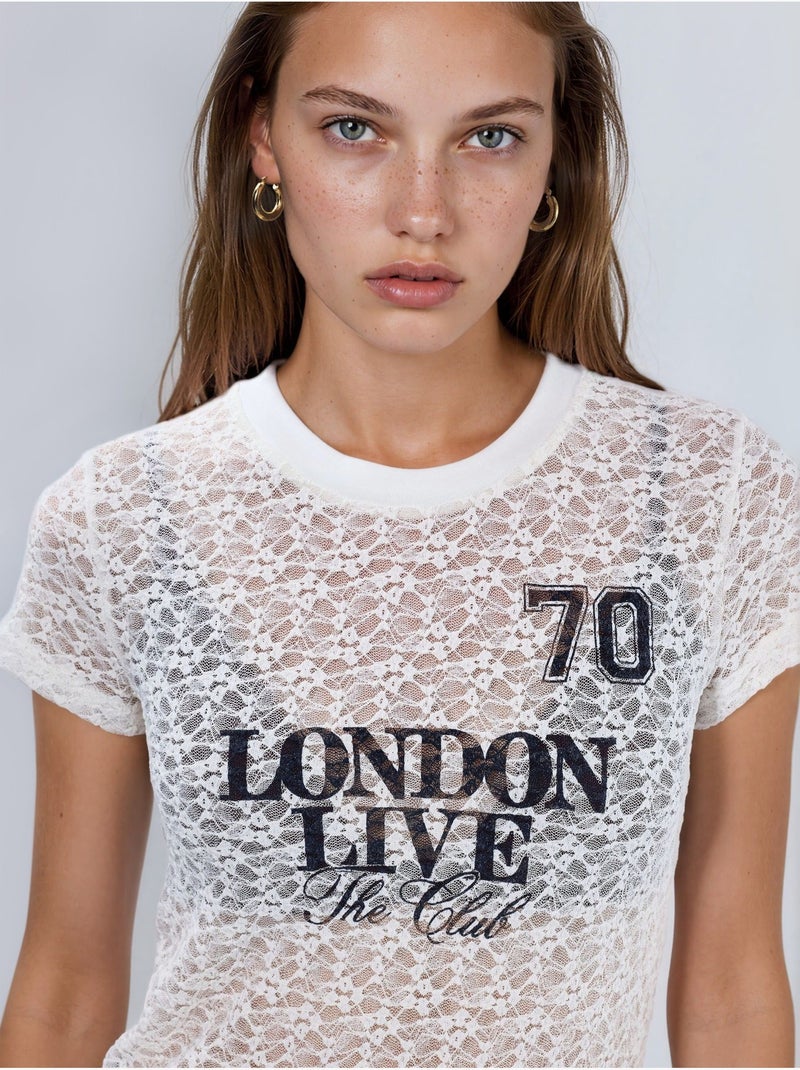 T-shirt in pizzo stampata con girocollo busem Bianco sporco - Kiabi