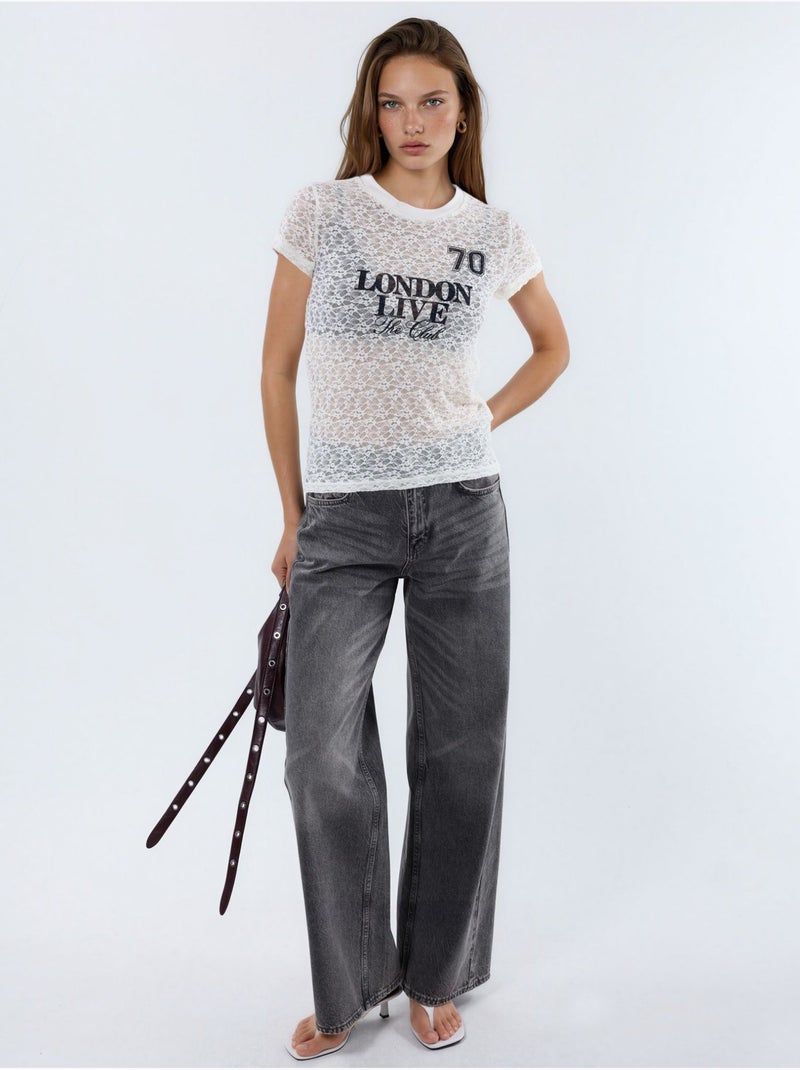 T-shirt in pizzo stampata con girocollo busem Bianco sporco - Kiabi
