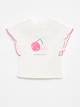 T-shirt in tessuto a coste con maniche con volant