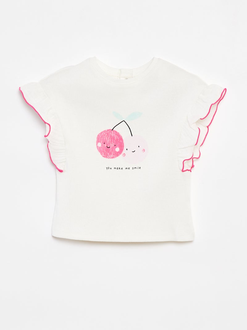T-shirt in tessuto a coste con maniche con volant BIANCO - Kiabi