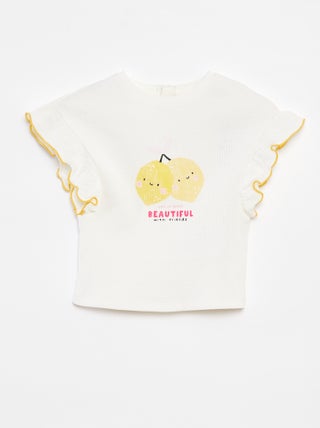 T-shirt in tessuto a coste con maniche con volant