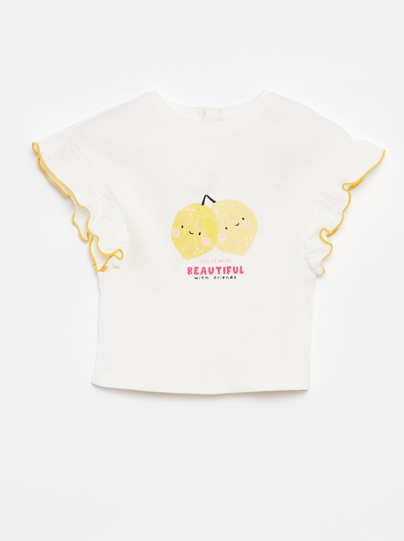 T-shirt in tessuto a coste con maniche con volant BIANCO - Kiabi