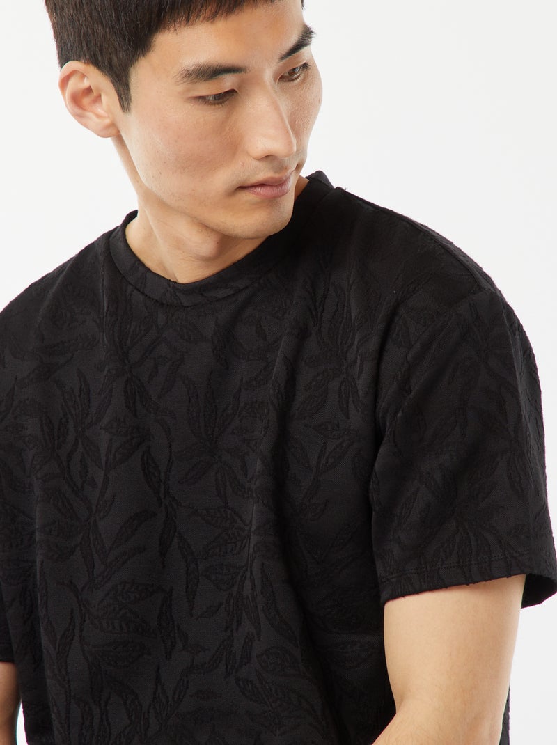 T-shirt jacquard a maniche corte tinta unita nero - Kiabi