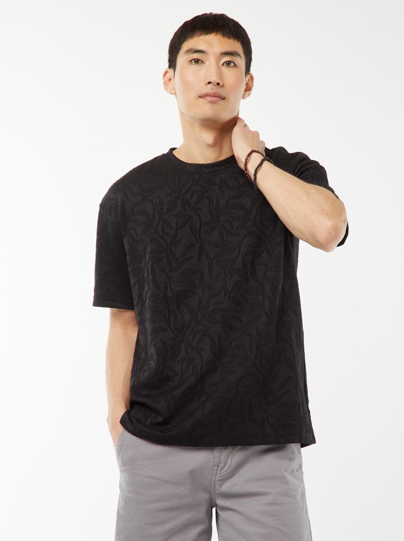 T-shirt jacquard a maniche corte tinta unita nero - Kiabi