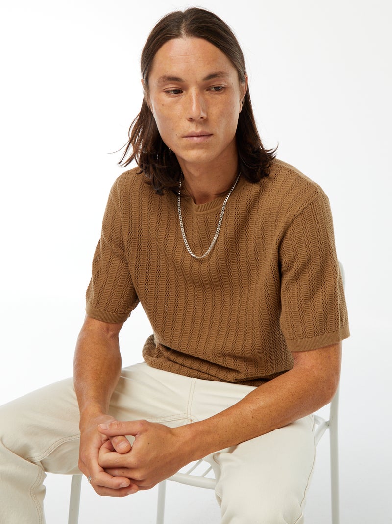 T-shirt lavorata a maglia a maniche corte marrone - Kiabi