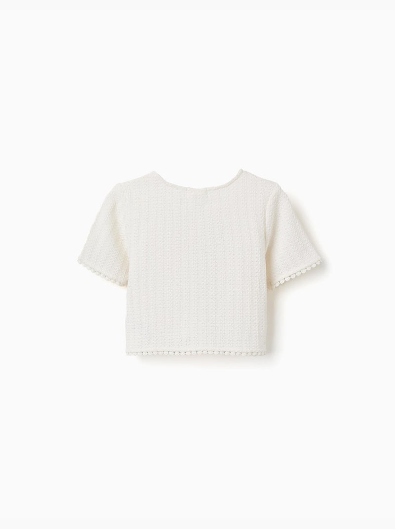 T-shirt lavorata a maglia con bordo in pizzo all'uncinetto Bianco - Kiabi