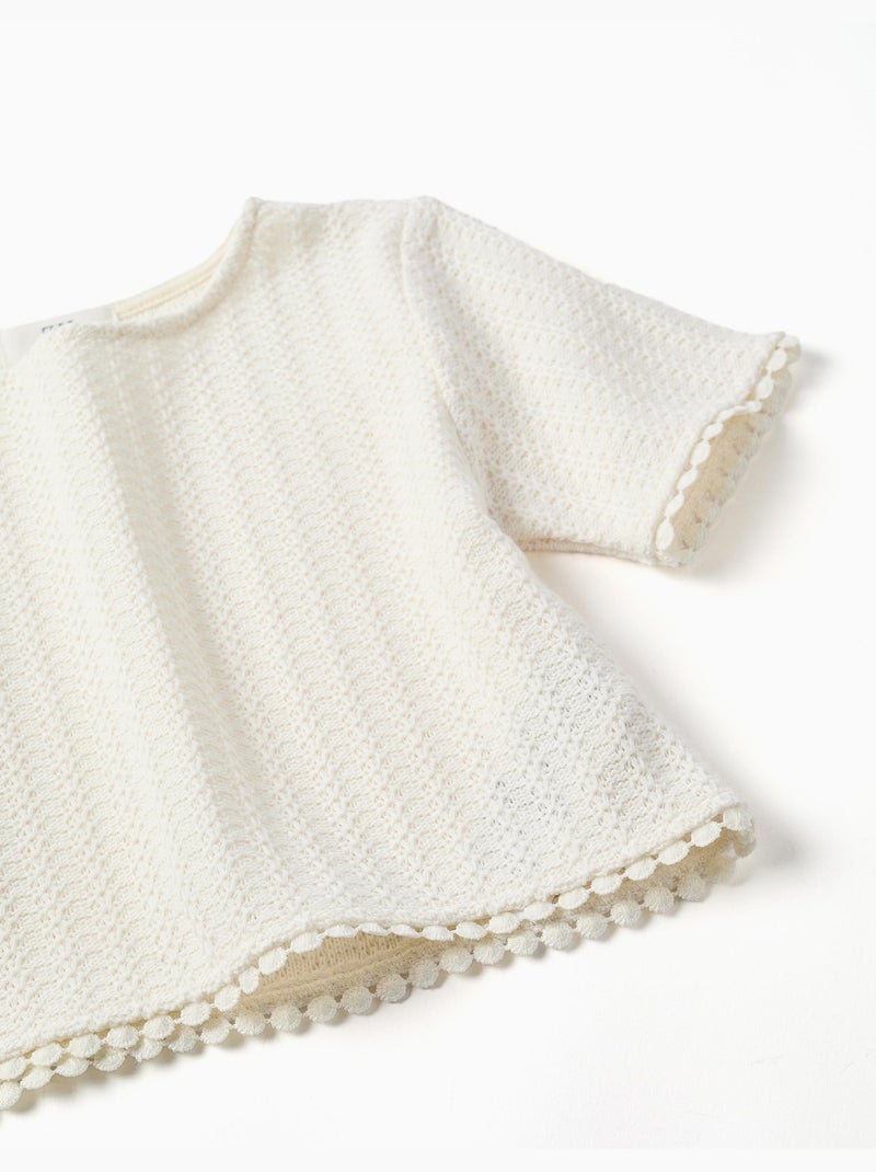 T-shirt lavorata a maglia con bordo in pizzo all'uncinetto Bianco - Kiabi