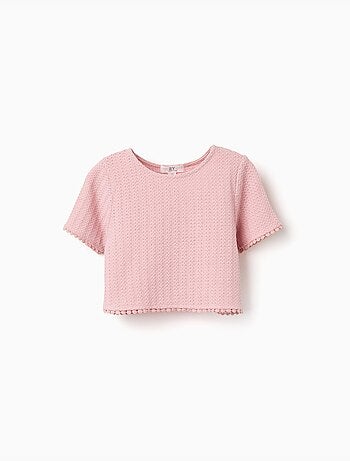 T-shirt lavorata a maglia con bordo in pizzo all'uncinetto