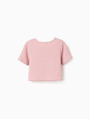 T-shirt lavorata a maglia con bordo in pizzo all'uncinetto