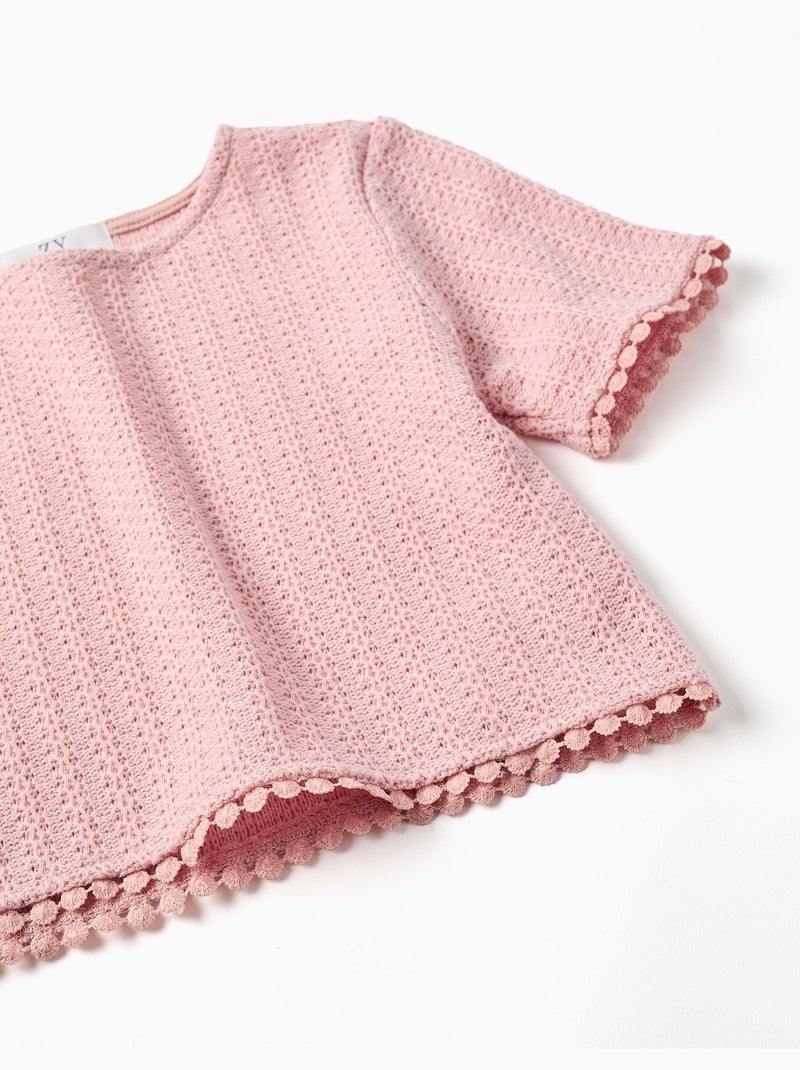 T-shirt lavorata a maglia con bordo in pizzo all'uncinetto Rosa chiaro - Kiabi