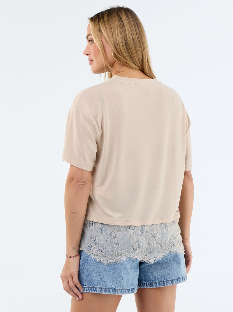 T-shirt leggero con bordo in pizzo Beige - Kiabi