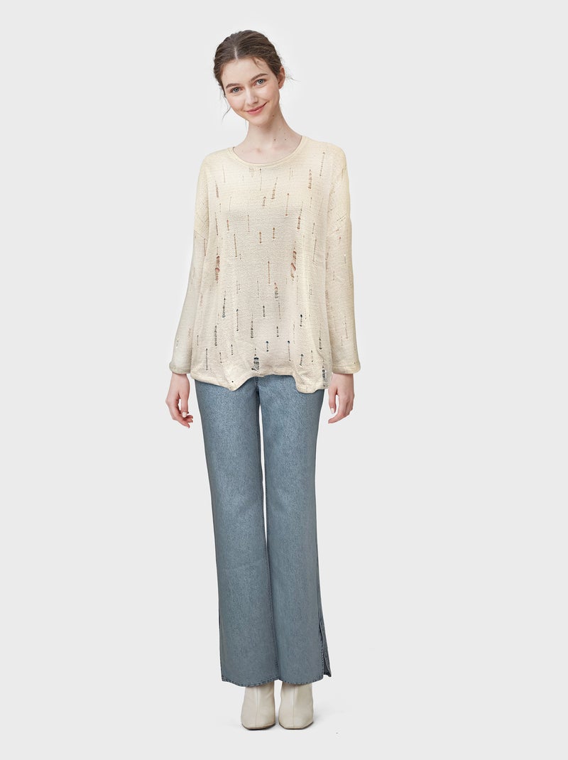 T-shirt lunga con maniche lunghe e finiture traforate BEIGE - Kiabi