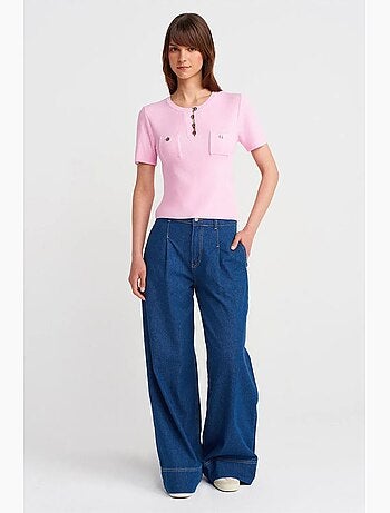 T-shirt maglia a costine dettaglio bottoni manica corta dilvin
