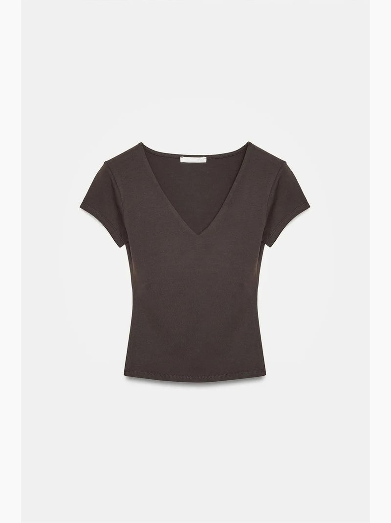 T-shirt maglia scollo a v manica corta dilvin Marrone scuro - Kiabi