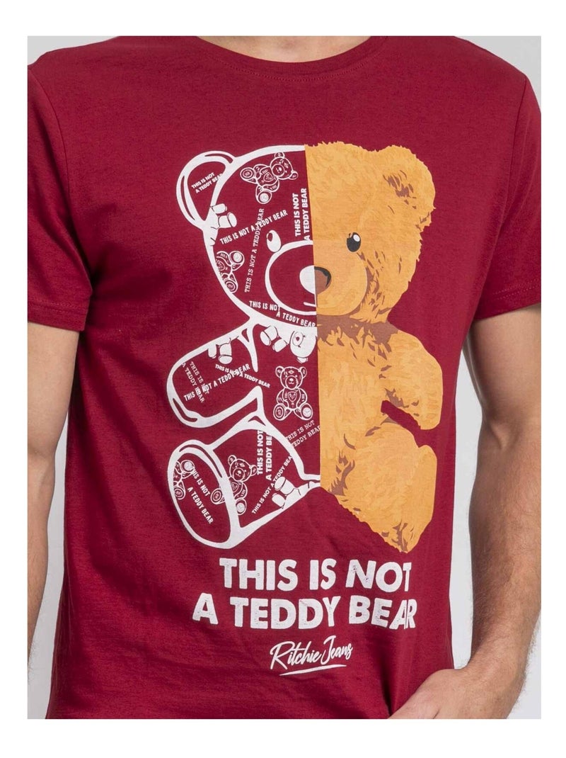 T-shirt manches courtes col rond pur coton JAKITED Bordeaux - Kiabi