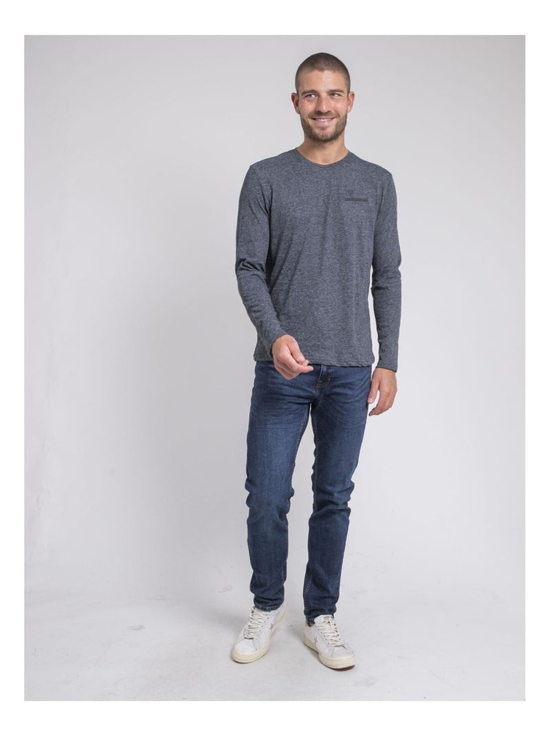 T-shirt manches longues col rond pur coton JABERTOLO Blu marino - Kiabi