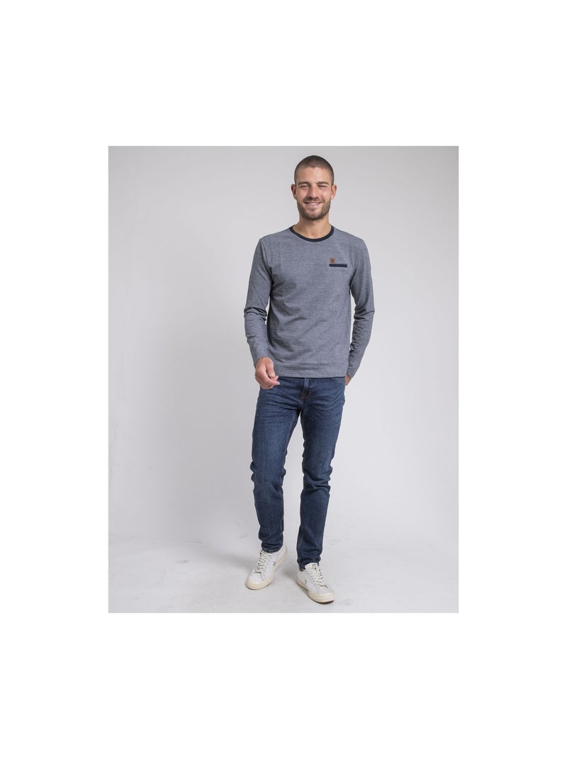 T-shirt manches longues col rond pur coton JARAMOJI Blu marino - Kiabi