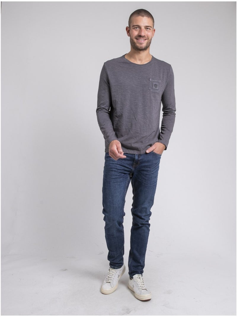 T-shirt manches longues col rond pur coton JAVELOTI Grigio - Kiabi