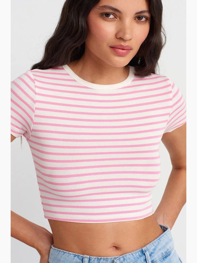 T-shirt manica corta a righe dilvin Bianco Rosa - Kiabi