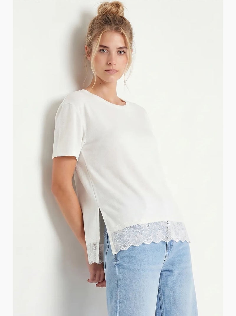 T-shirt manica corta pizzo traforato ampia istanbul Bianco sporco - Kiabi