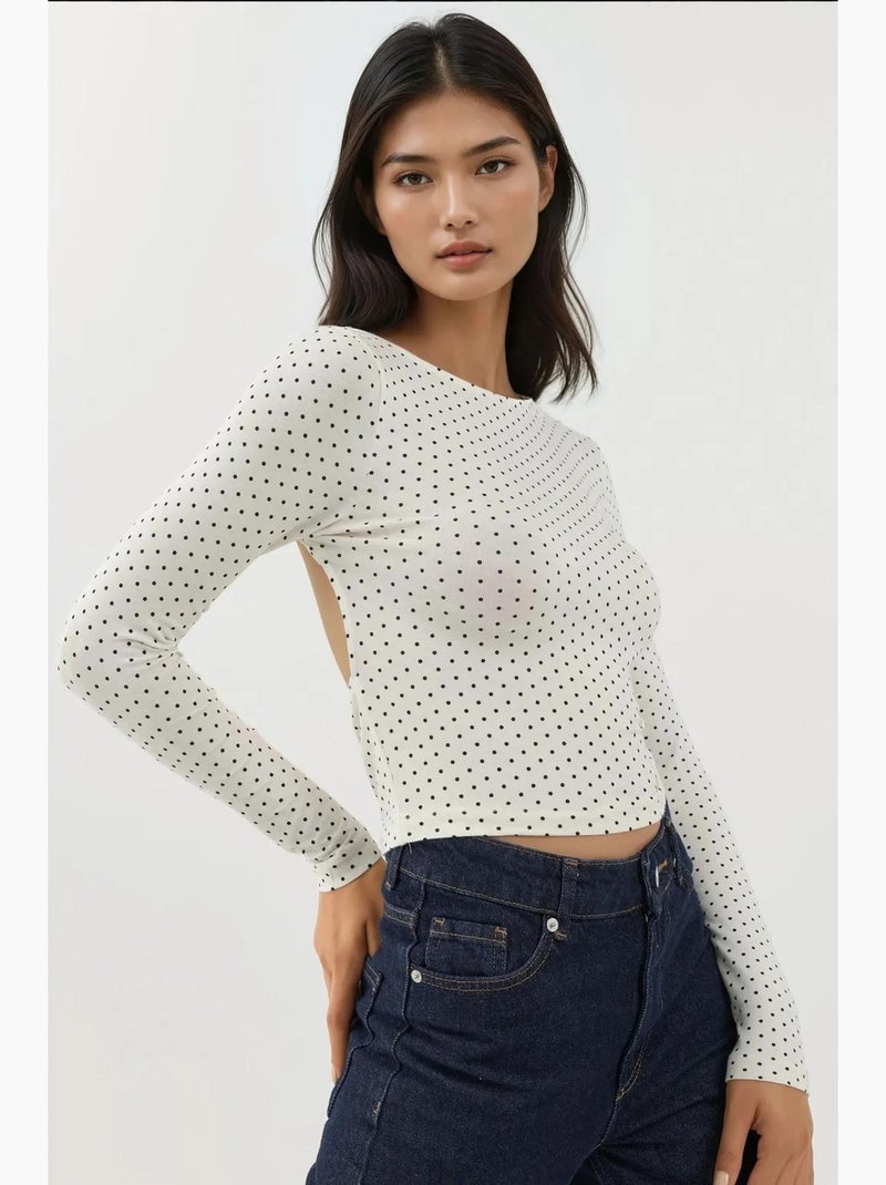 T-shirt manica lunga schiena scoperta a pois aderente hiccup Bianco - Kiabi