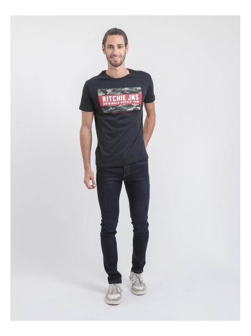T-shirt maniche corte girocollo puro cotone JARDIN Blu marino - Kiabi