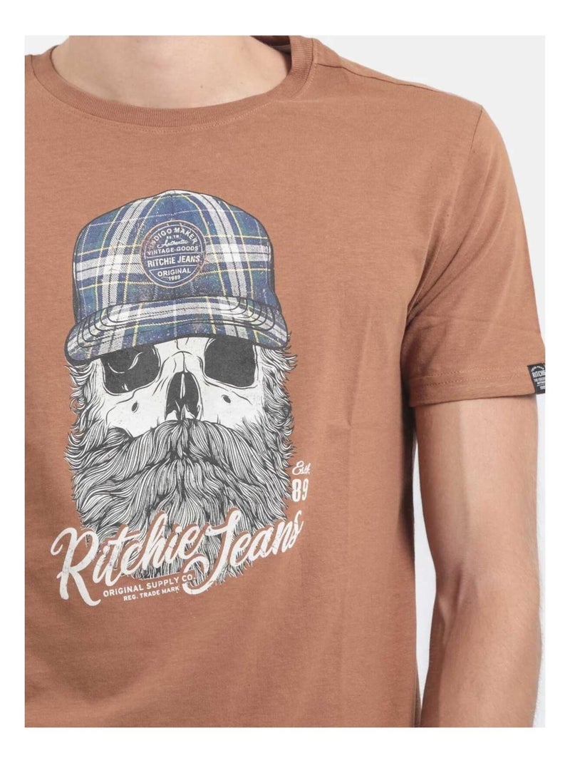 T-shirt maniche corte girocollo puro cotone JUMAX Marrone caramello - Kiabi