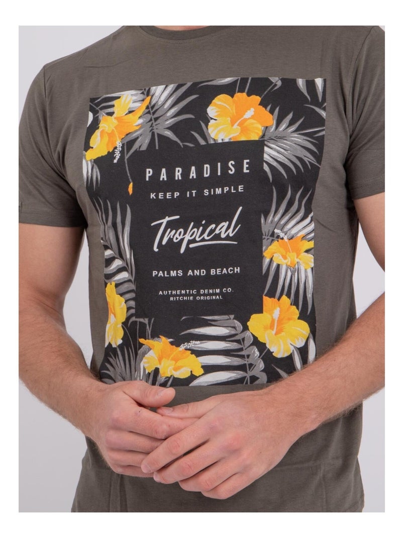 T-shirt maniche corte girocollo puro cotone NOCTAVIO Cachi - Kiabi