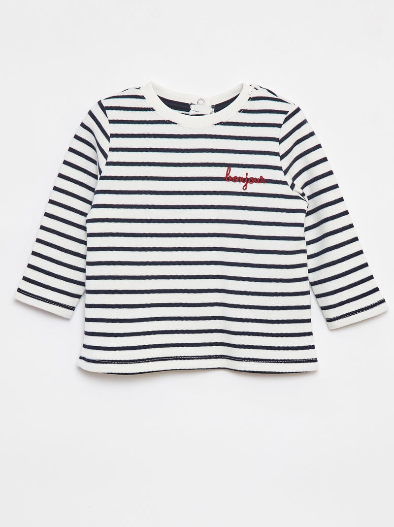 T-shirt maniche lunghe con 'bonjour' ricamato sul petto Bianco - Kiabi
