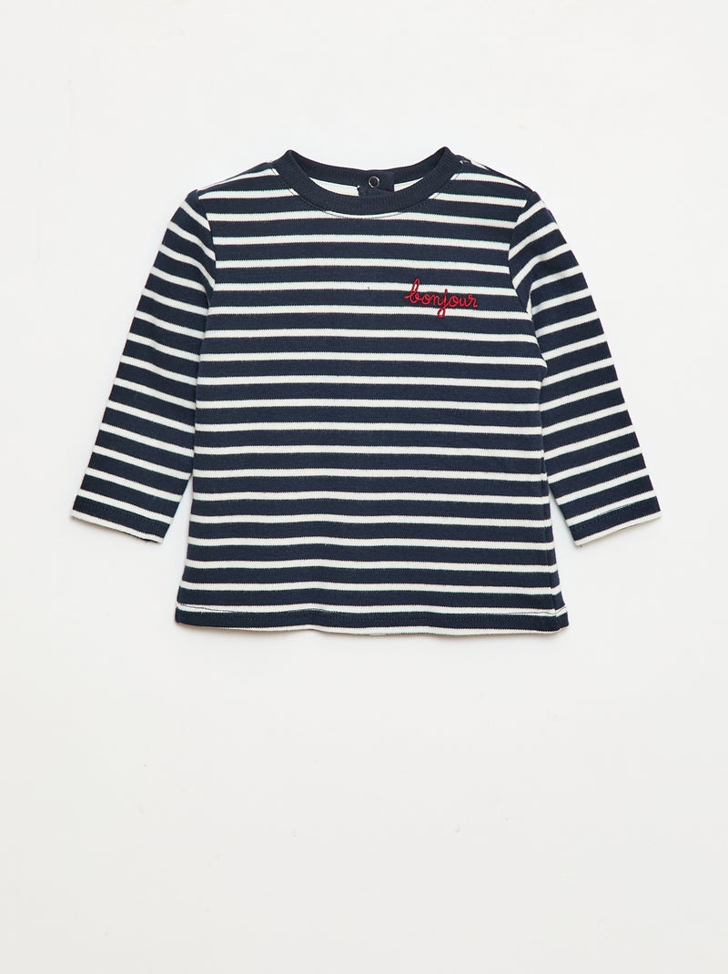 T-shirt maniche lunghe con 'bonjour' ricamato sul petto Bianco - Kiabi