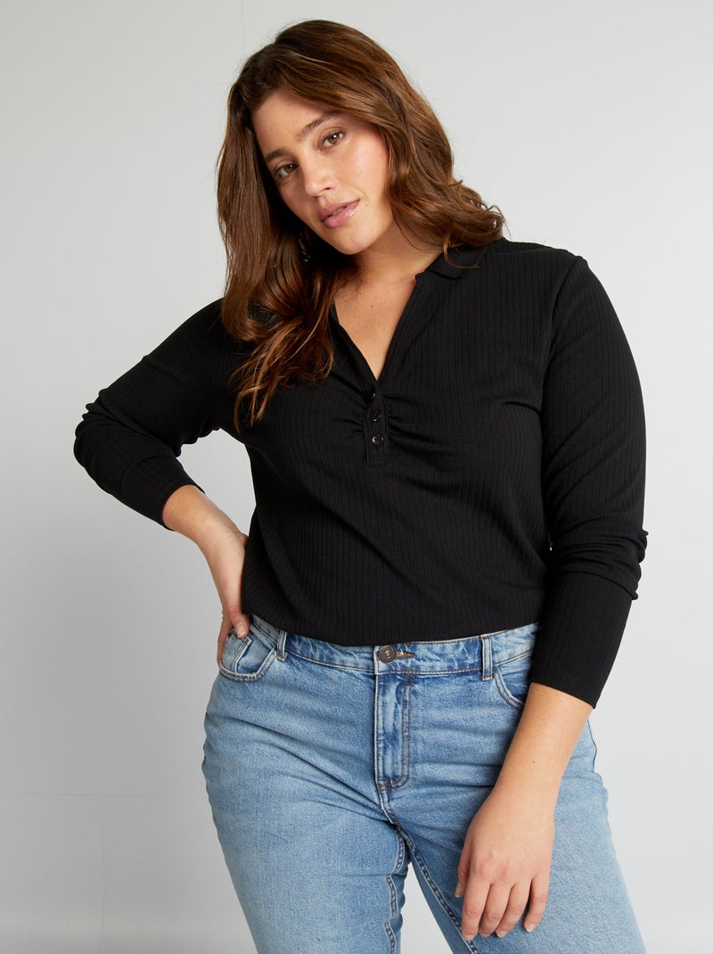 T-shirt maniche lunghe con collo polo nero - Kiabi