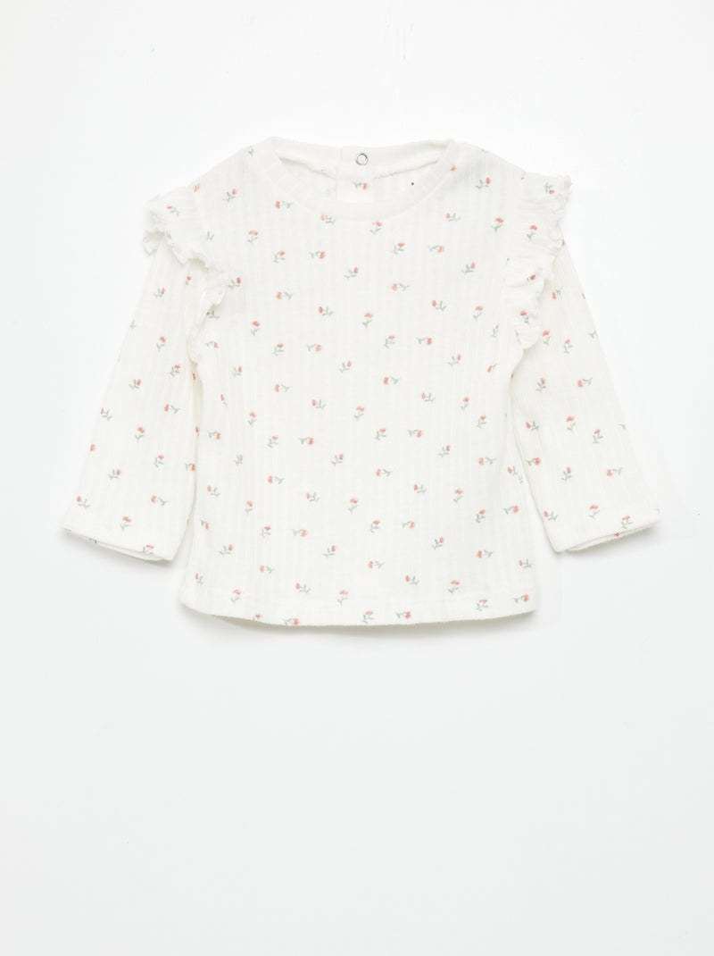 T-shirt maniche lunghe con orli a coste e volant BIANCO - Kiabi