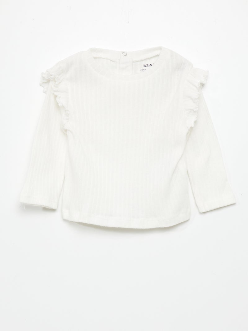 T-shirt maniche lunghe con orli a coste e volant BIANCO - Kiabi